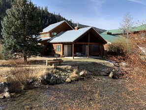 A cabin with a metal roof, wooden exterior, and a stone fireplace. - Tranquil Little Cabin on the River with High Speed Wifi (Red River)