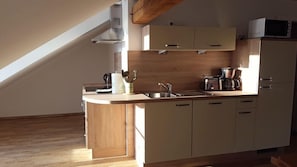 Apartment (5) | Private kitchen | Full-sized fridge, microwave, oven, stovetop - Spreewald Apartments Grüner Wald (Burg (Spreewald))