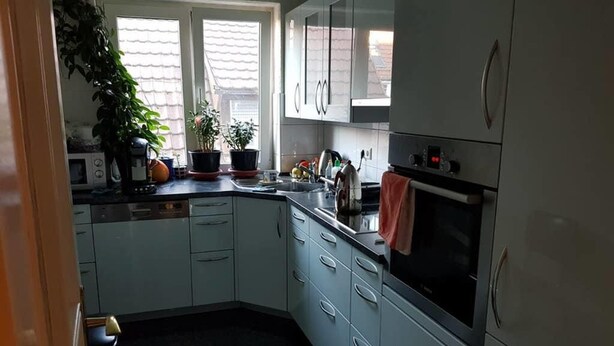 A kitchen with white cabinets, a microwave, and a sink. There are potted plants on the counter and a window above the sink. - FeWo BC 40 (Stuttgart)