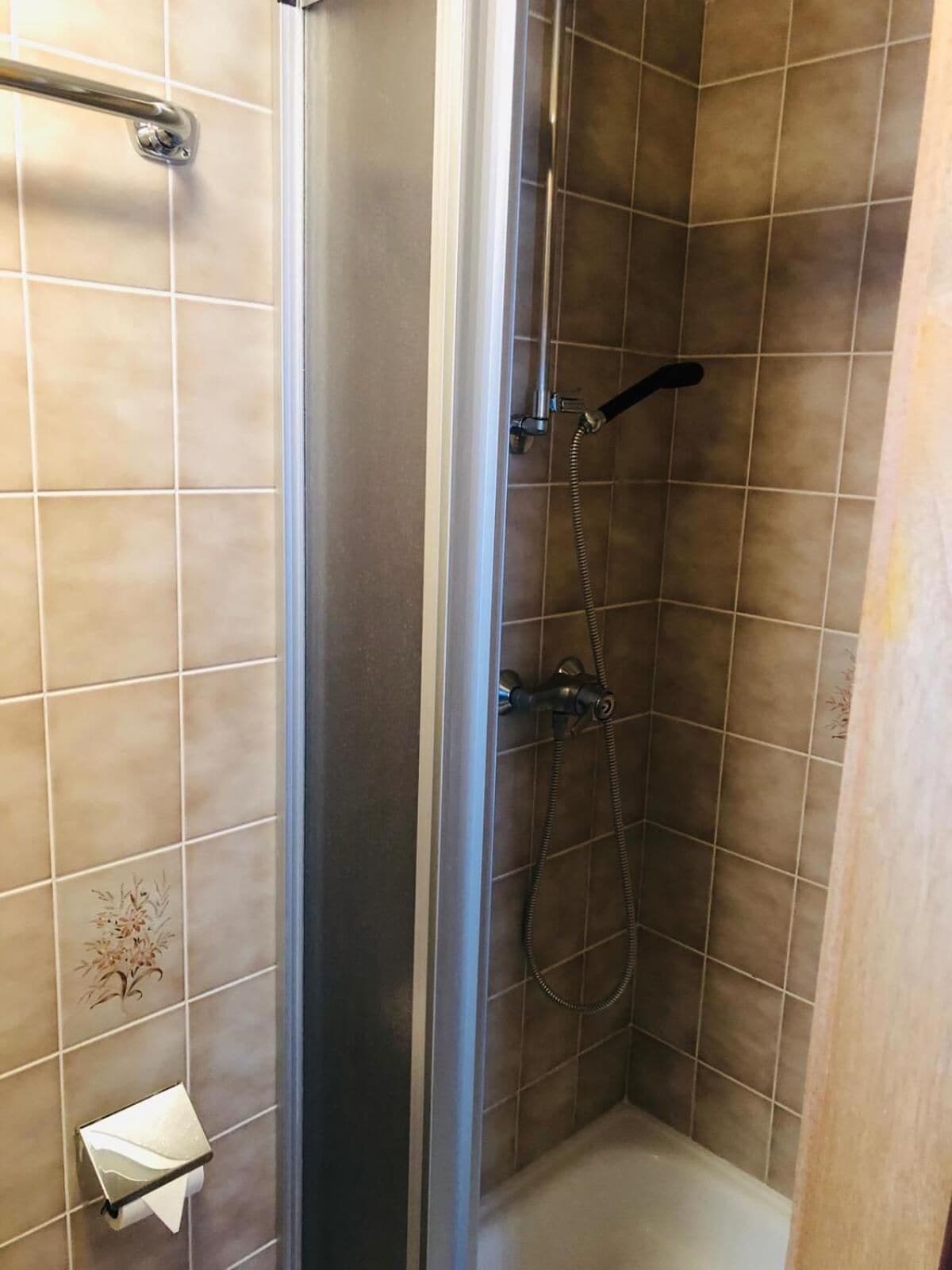 A shower with a glass door, a handheld showerhead, and a towel rack.