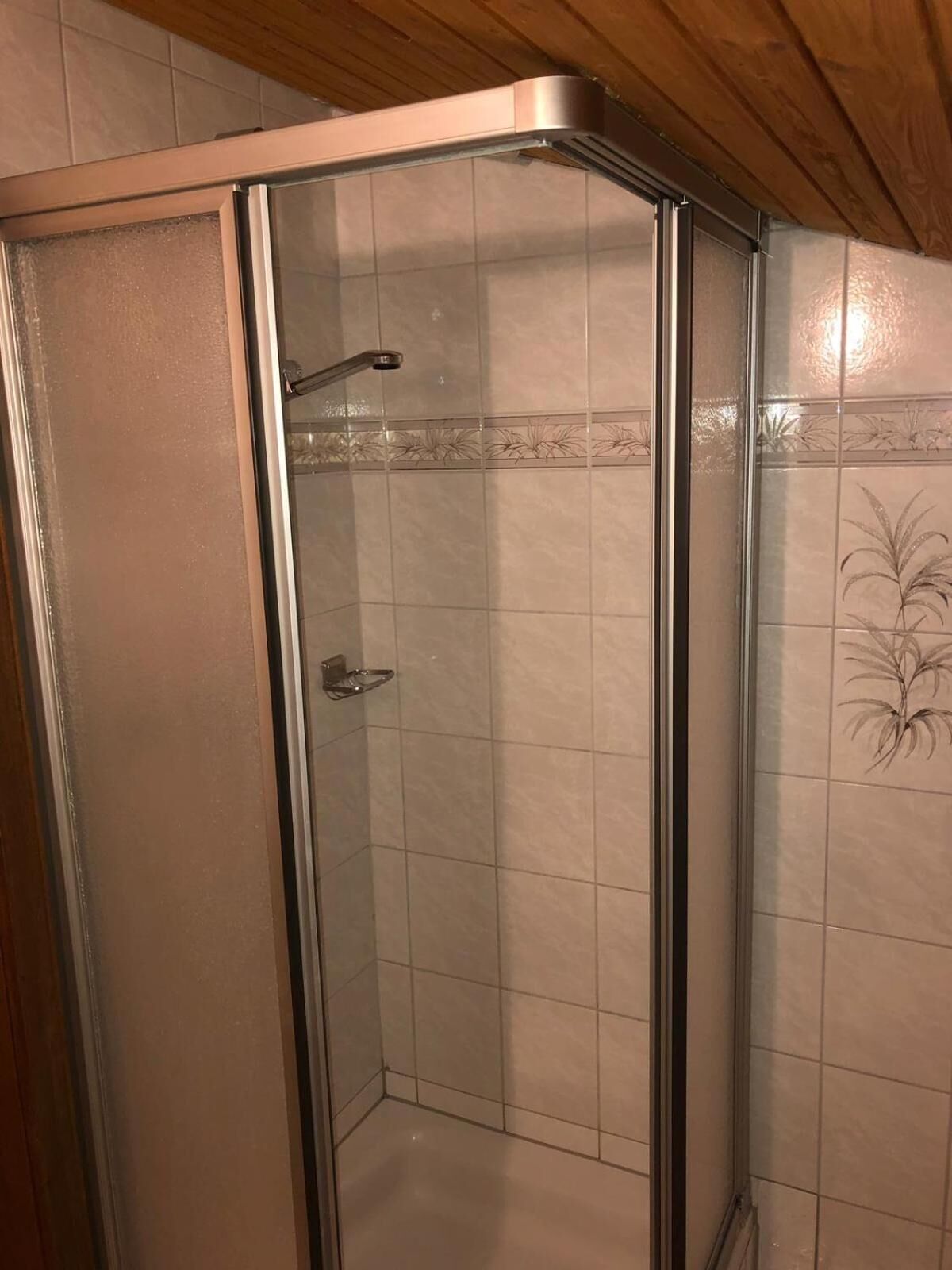 A corner shower with clear glass doors and a tiled wall with a floral pattern.