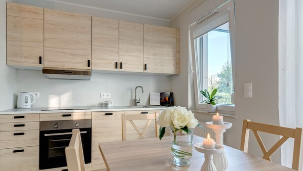 Apartamento | Cozinha privada | Geladeira, fogão, cooktop, chaleira elétrica