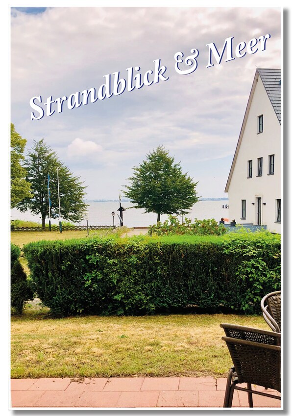Vue de l’hôtel Strandblick & Meer, avec une zone herbeuse, une haie et une chaise au premier plan.