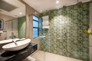 Shower, free toiletries, hair dryer, slippers