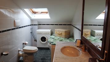 Shower, hair dryer, bidet, towels