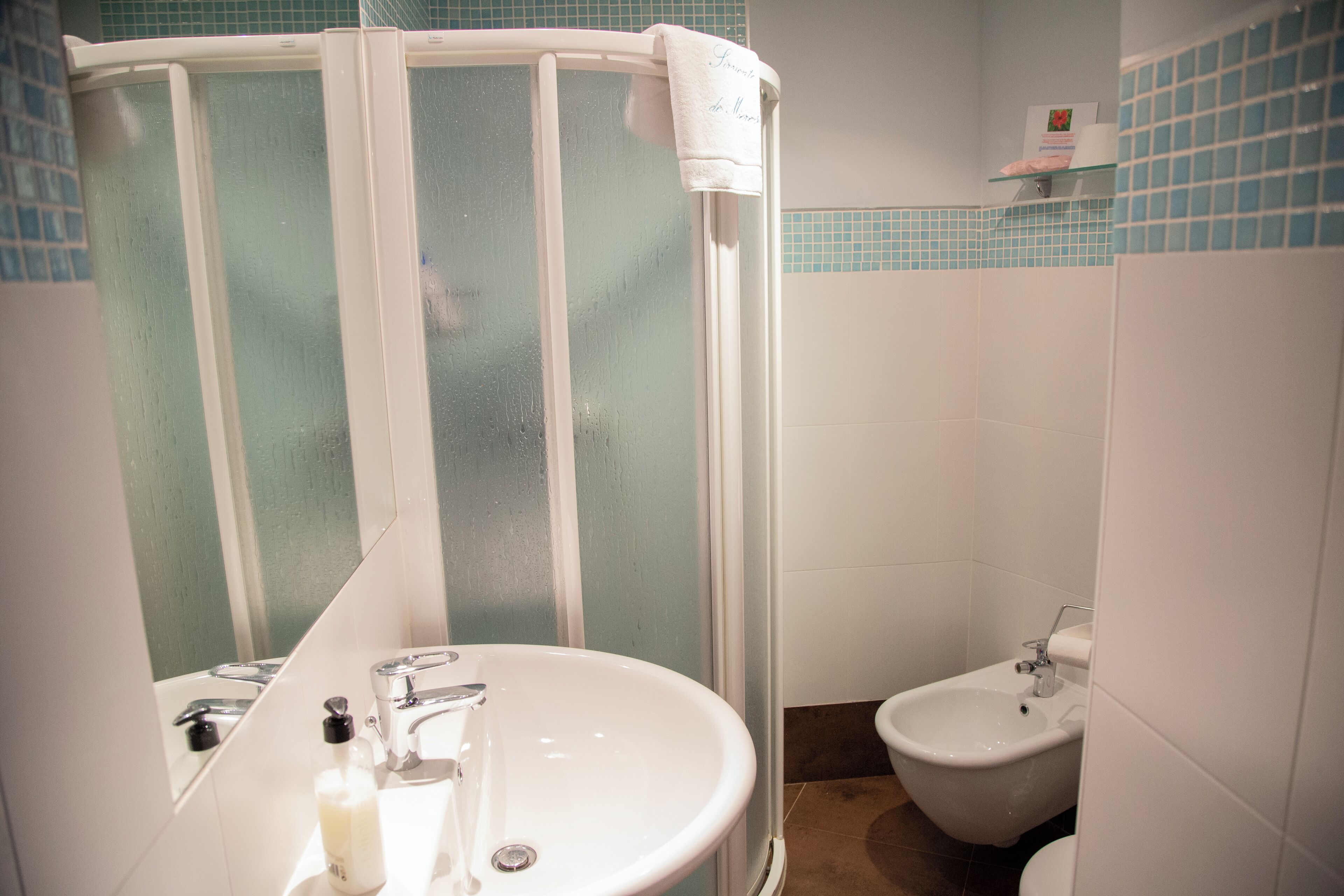 A bathroom with a glass-enclosed shower, a sink, and a bidet.