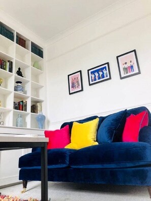 TV, fireplace, books