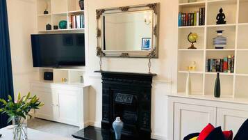 TV, fireplace, books