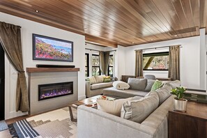 Smart TV, fireplace, DVD player, stereo