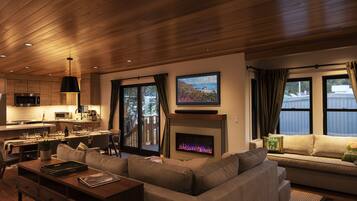 Smart-tv, een open haard, een dvd-speler en een stereo