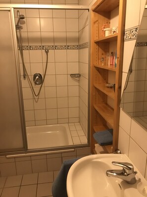 Ducha, secador de pelo, jabón y papel higiénico