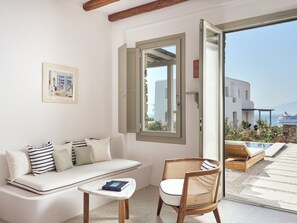 Hilltop Sea View Suite with Private Pool | Living area | Flat-screen TV - Belvedere Hilltop Complex Rooms & Suites - The Leading Hotels of the World (Mykonos)