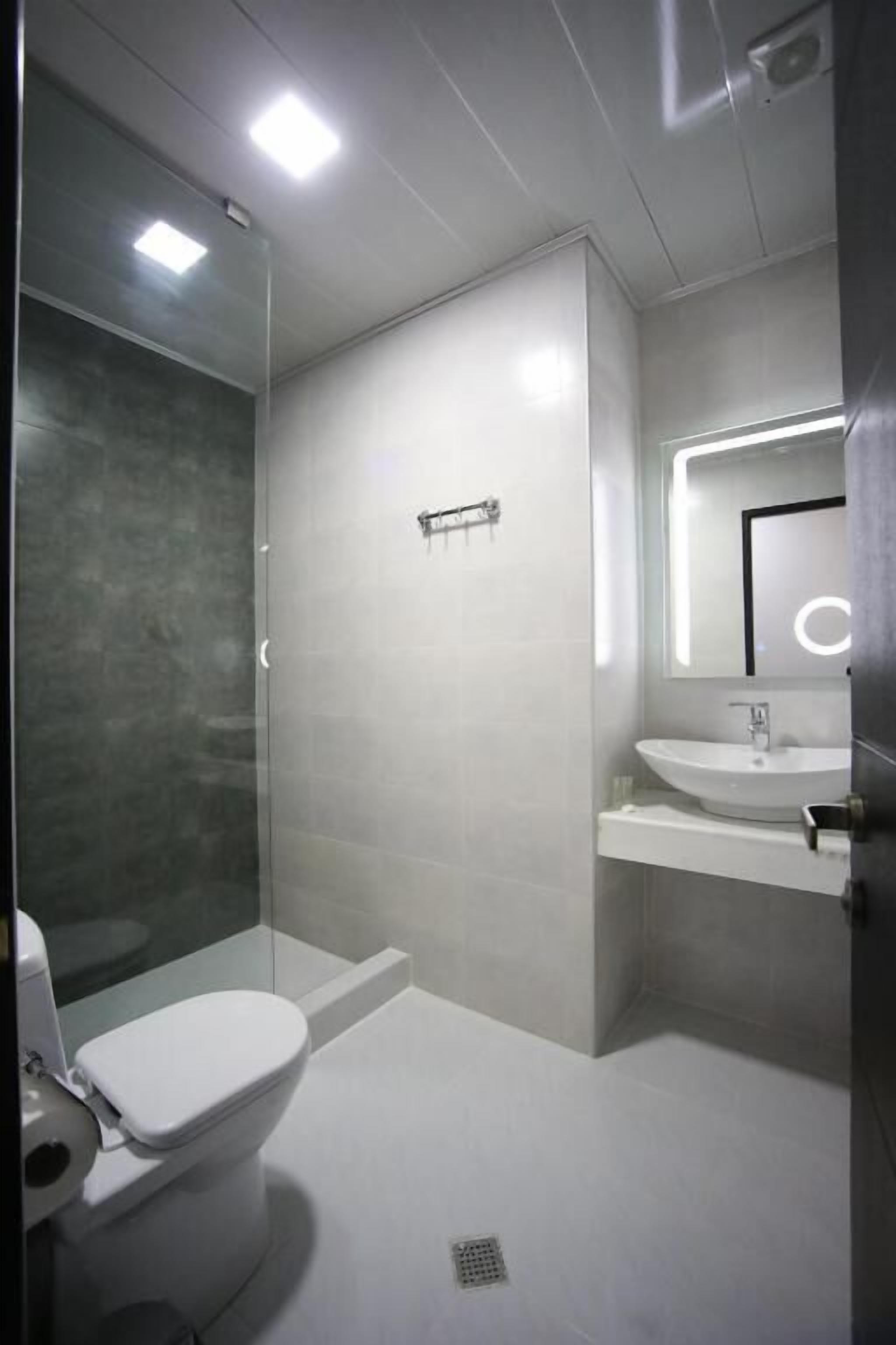 A modern bathroom with a glass-enclosed shower, a white toilet, and a sink with a mirror above it.