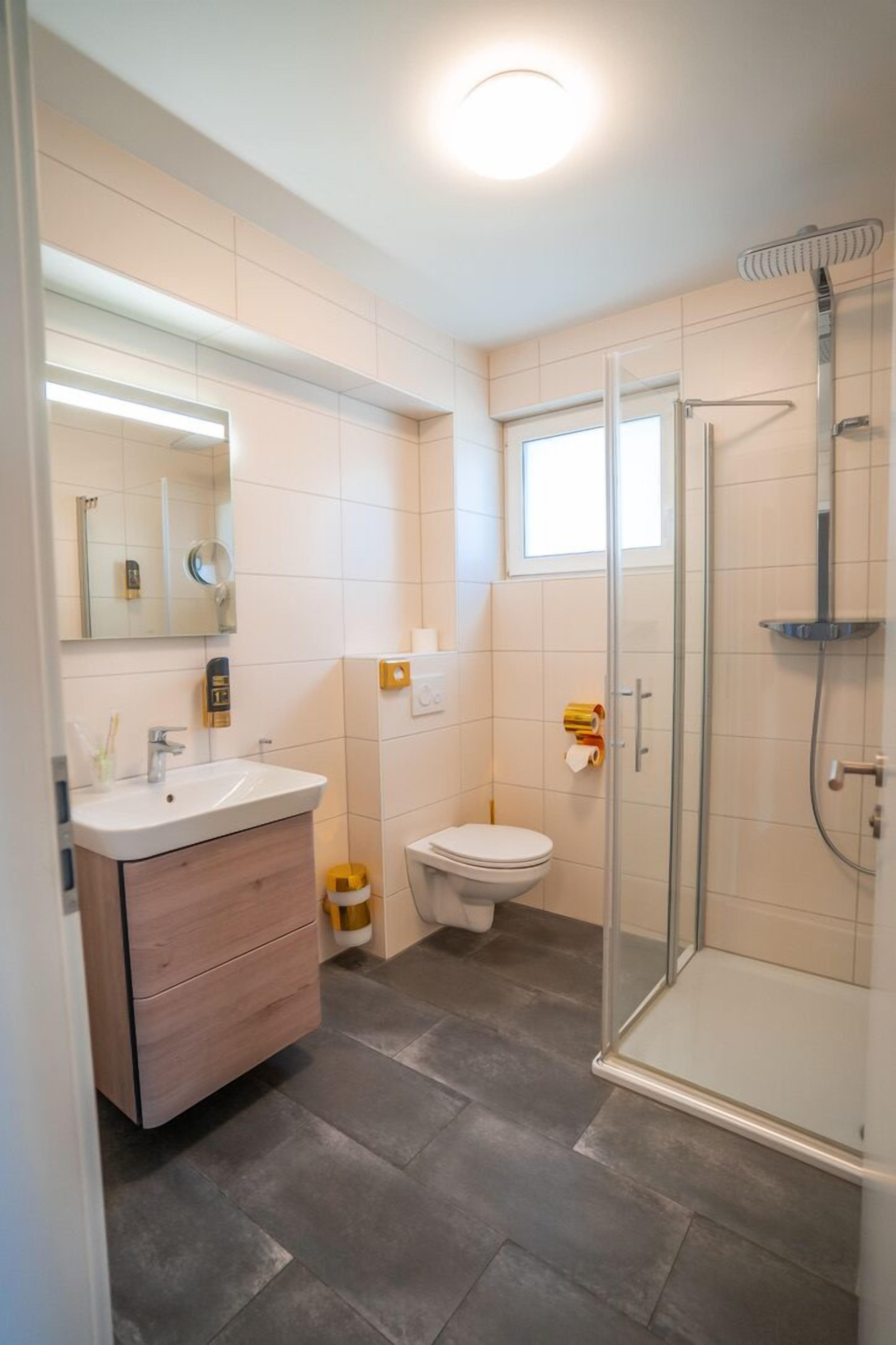 A modern bathroom with a glass shower enclosure, a white sink, and a toilet.