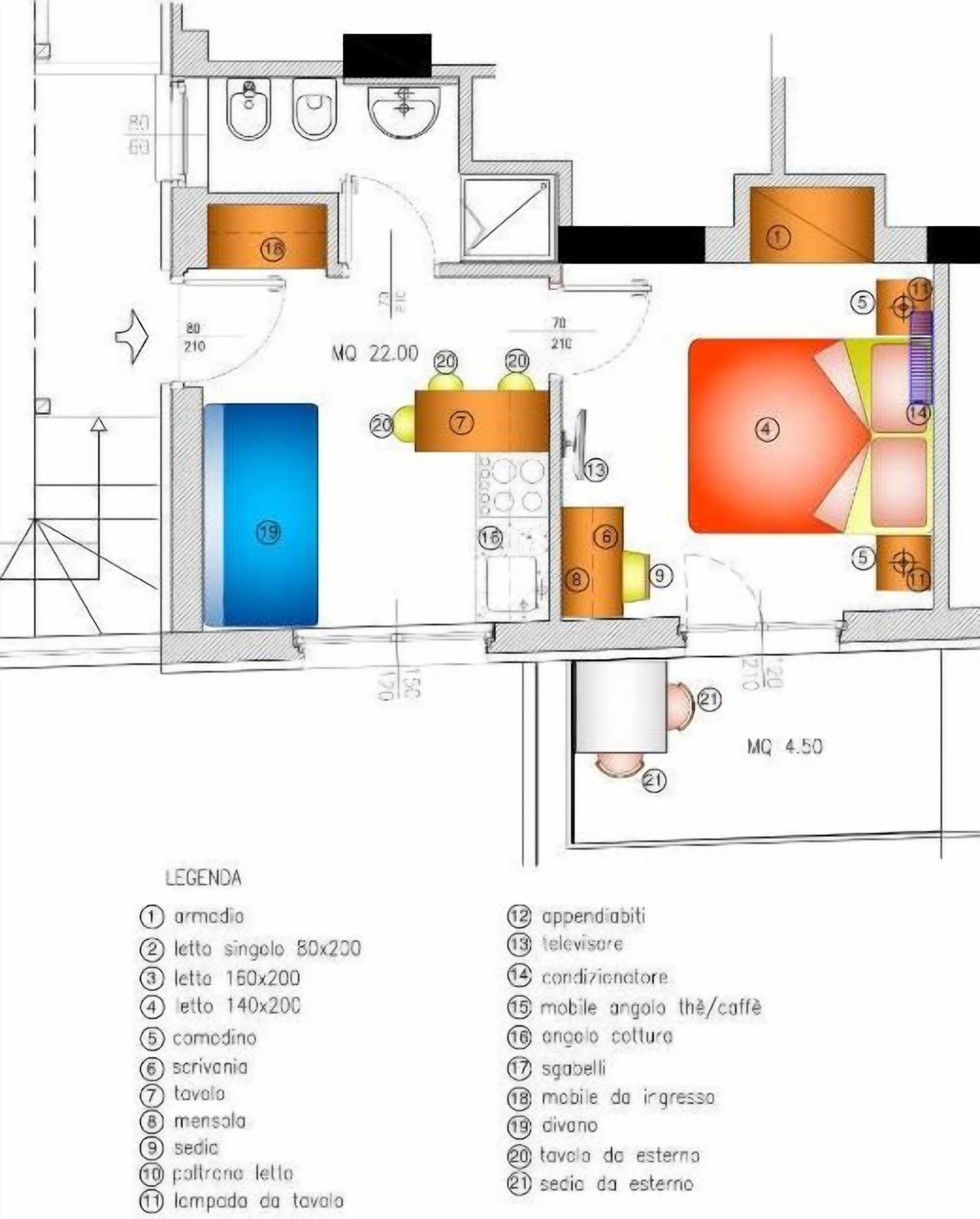 Een plattegrond van een hotelkamer met een badkamer, kitchenette en een klein zithoekje.