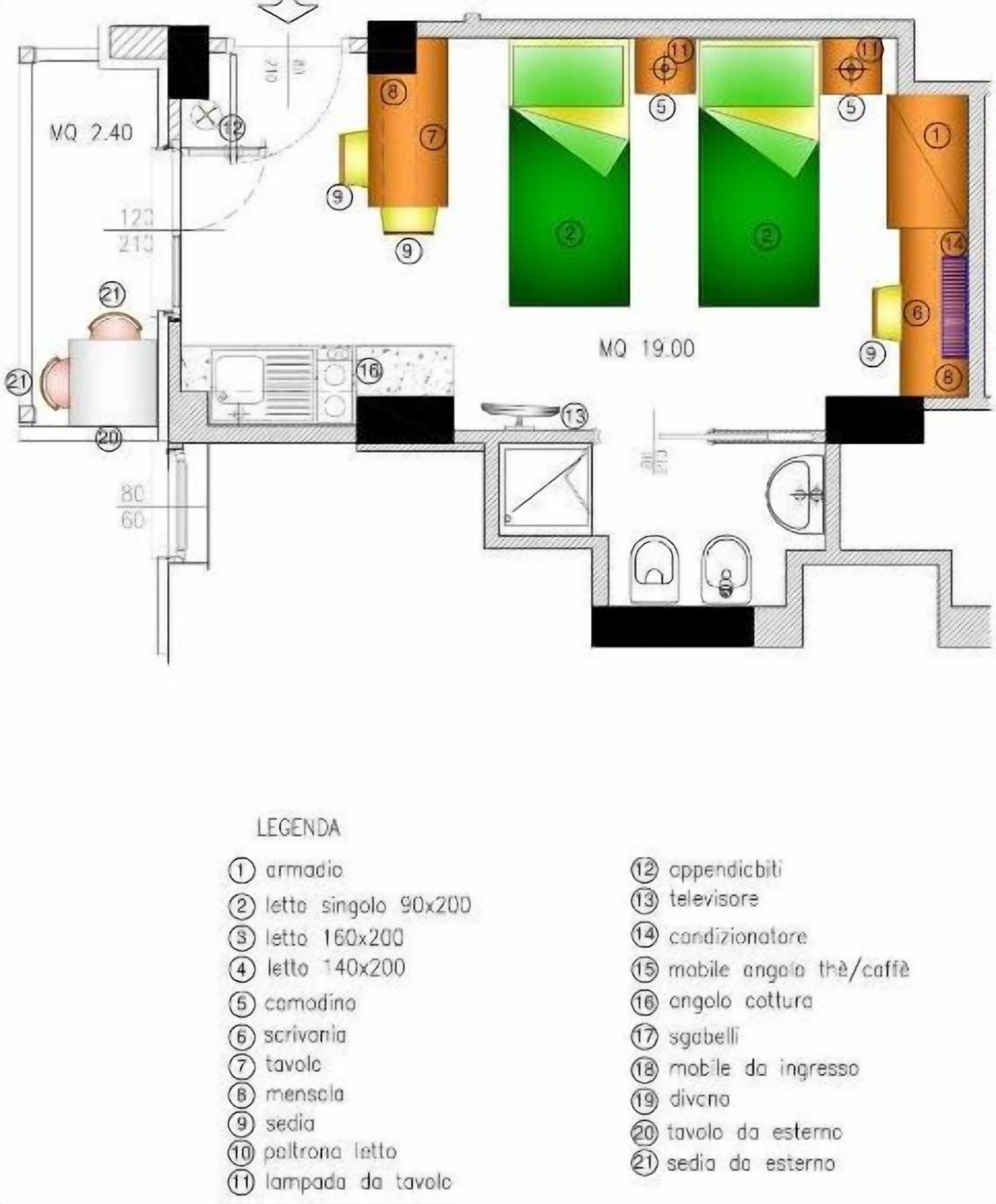 Plano de una habitación de hotel con kitchenette, baño y sala de estar.