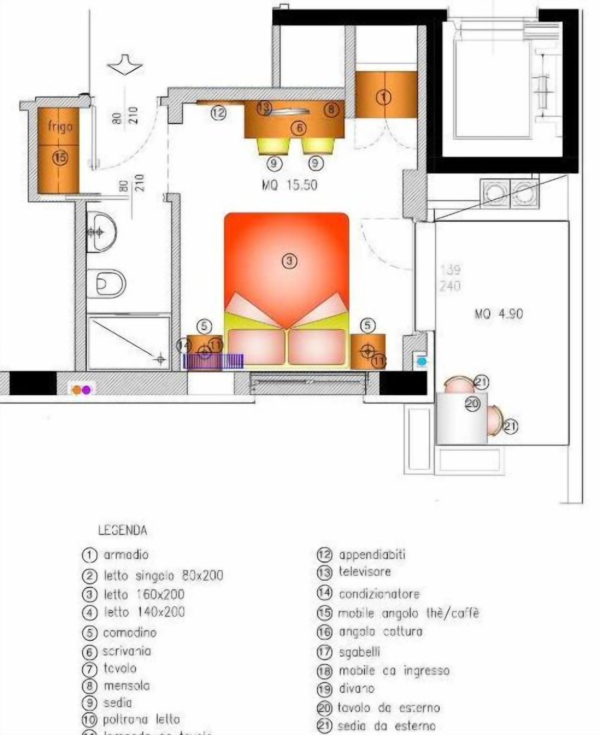 Een plattegrond van een hotelkamer met een kitchenette, een badkamer en een zithoek.
