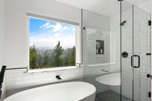 Bathtub, hair dryer, towels