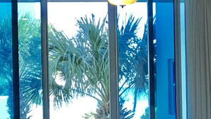 A room with a large window, a ceiling fan, and a view of palm trees outside. - Waterscape B210 COMPLETE REMODEL OCEAN & POOL VIEW! BEACH SERVICE! 2 KINGS BEDS! (Fort Walton Beach)