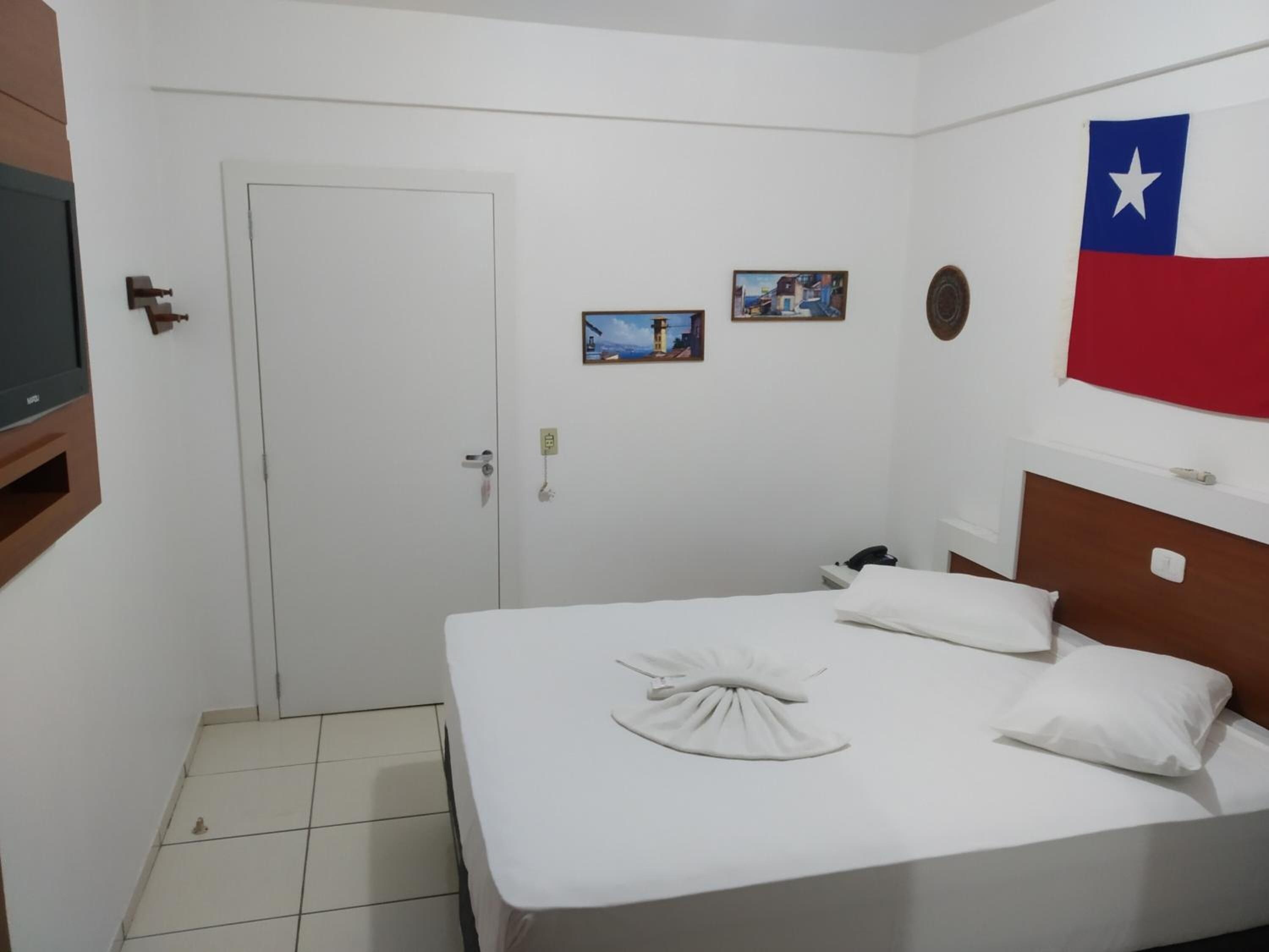 Una habitación de hotel con una cama, una puerta, un televisor montado en la pared y una bandera de Texas.