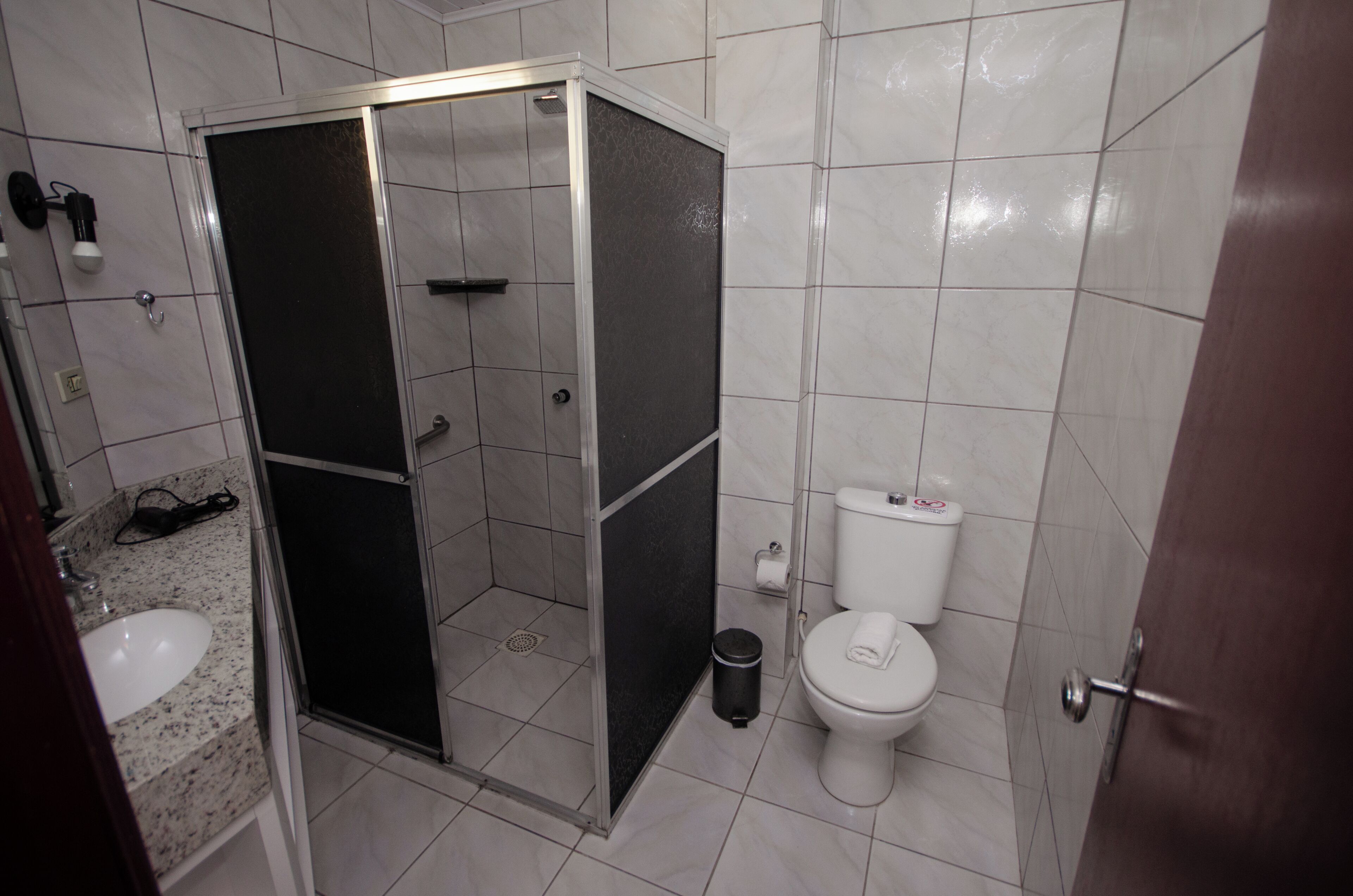 Shower, designer toiletries, hair dryer, bidet