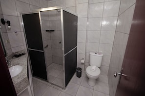 Shower, designer toiletries, hair dryer, bidet