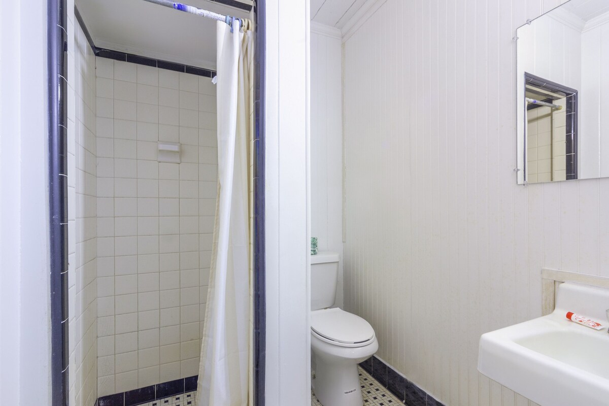 A bathroom with a white toilet, a sink, and a shower curtain.