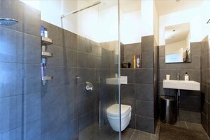 Ein modernes Badezimmer mit einer Duschkabine, einer weißen Toilette und einem Waschbecken mit Spiegel darüber.