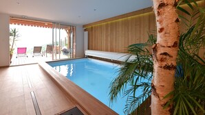 Piscina interior moderna con cubierta de madera, puertas de vidrio correderas que dan a un espacio exterior con sillas y vistas del paisaje.