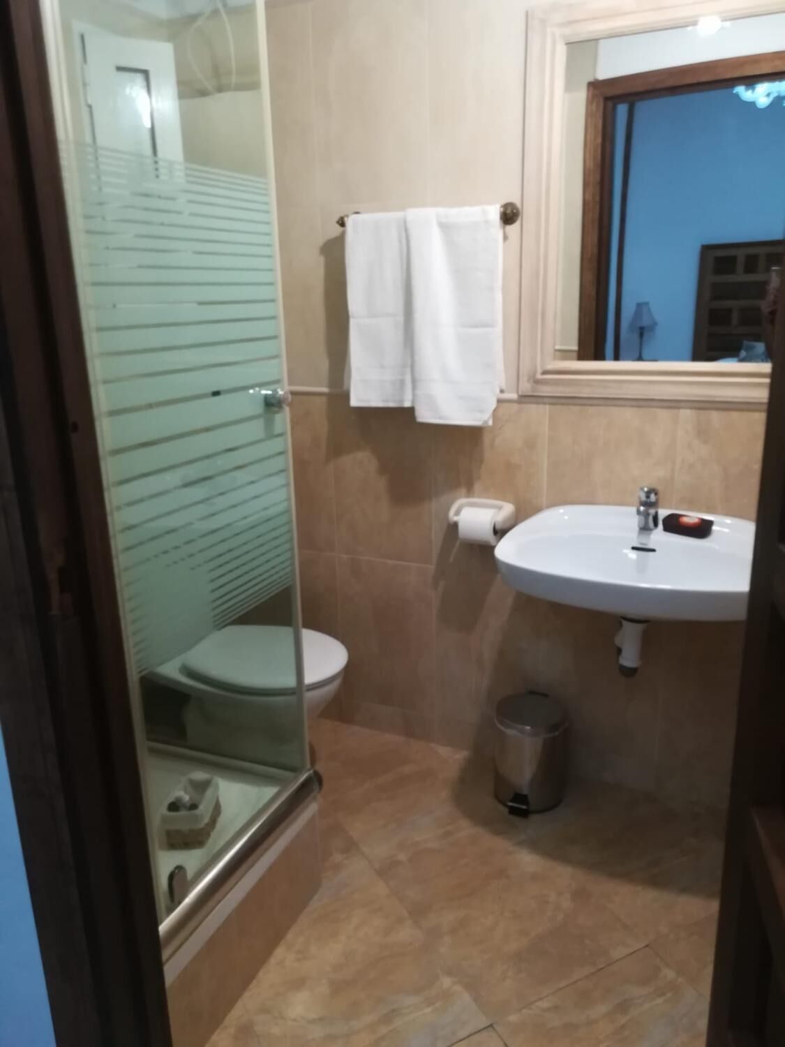 A bathroom with a toilet, sink, and glass shower enclosure.