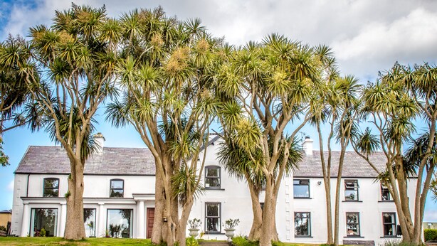 A two-story white building with a stone wall and a grassy lawn. - Altahammond House (Carrickfergus)