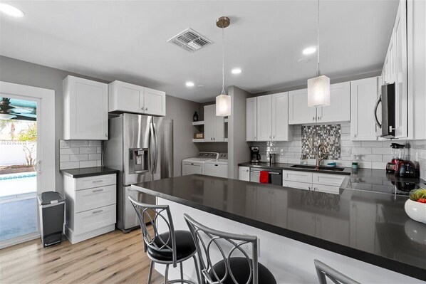 Fridge, microwave, oven, stovetop