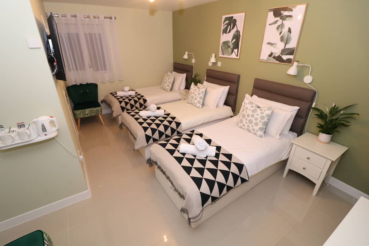 Habitación de hotel con tres camas, una mesita de noche con lámpara, una silla verde, una pequeña mesa con tazas y un hervidor, y una planta sobre la mesita de noche.