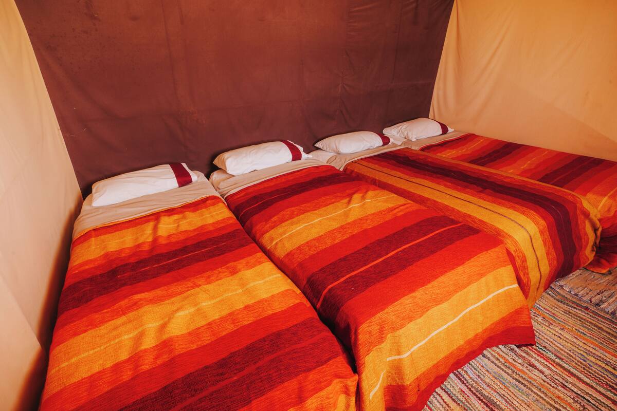 A room with two beds, each with striped bedding and white pillows.