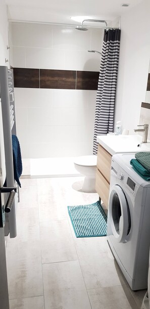 Hair dryer, towels, soap, shampoo