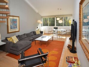 Flat-screen TV, fireplace