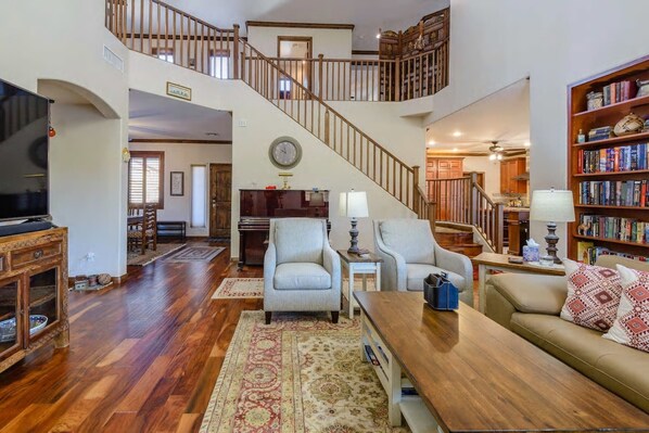 Smart TV, fireplace, table football, books