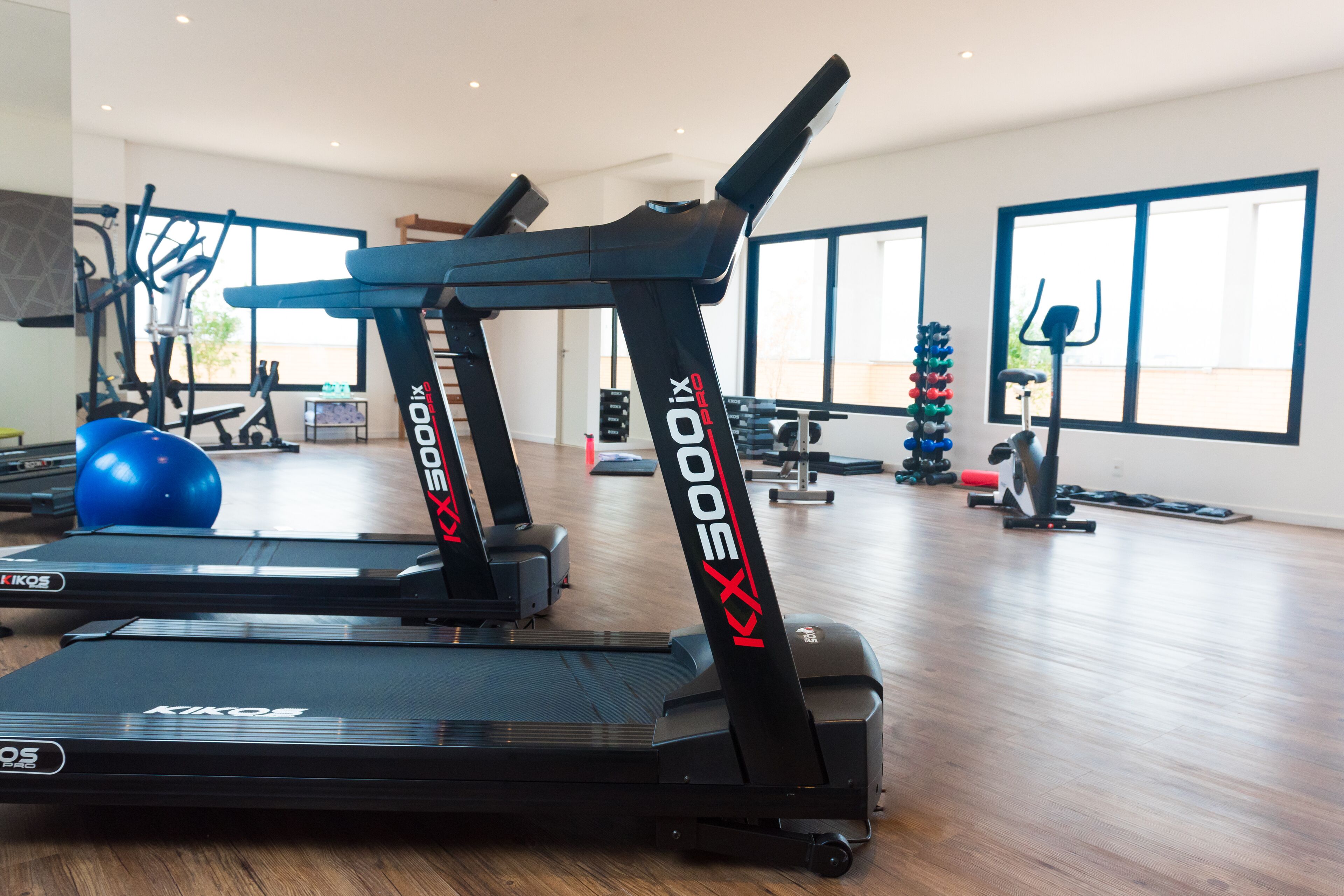 Un gimnasio con cintas de correr, pelotas de ejercicios y varios equipos de entrenamiento físico.
