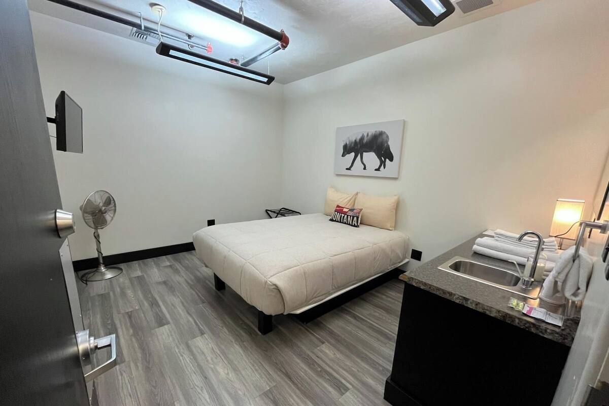 A modern hotel room with a bed, a bedside table, a fan, a sink, and a shower area.