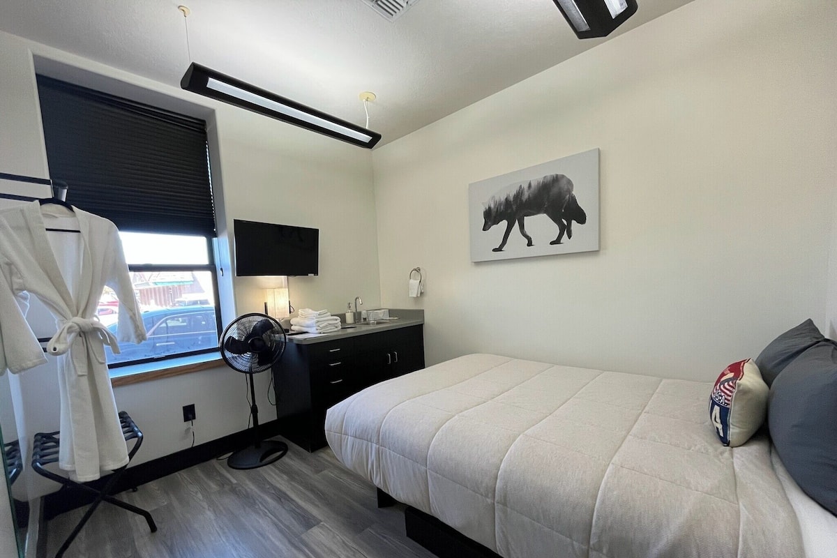 A modern hotel room with a bed, a desk, a chair, a standing fan, a window with blinds, a flat-screen TV, and a painting of a wolf.