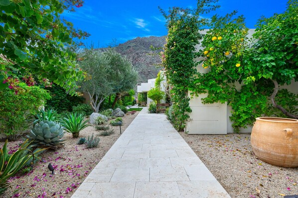 A garden pathway leading to a building with a large pot and lush greenery.