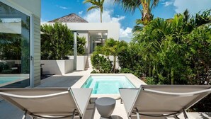 A modern outdoor pool area with lounge chairs and a clear view of the pool. - Studio w/ Private Plunge Pool (Long Bay Hills)