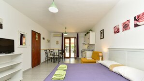 Una habitación de hotel con una cama, televisión, comedor y cocina.