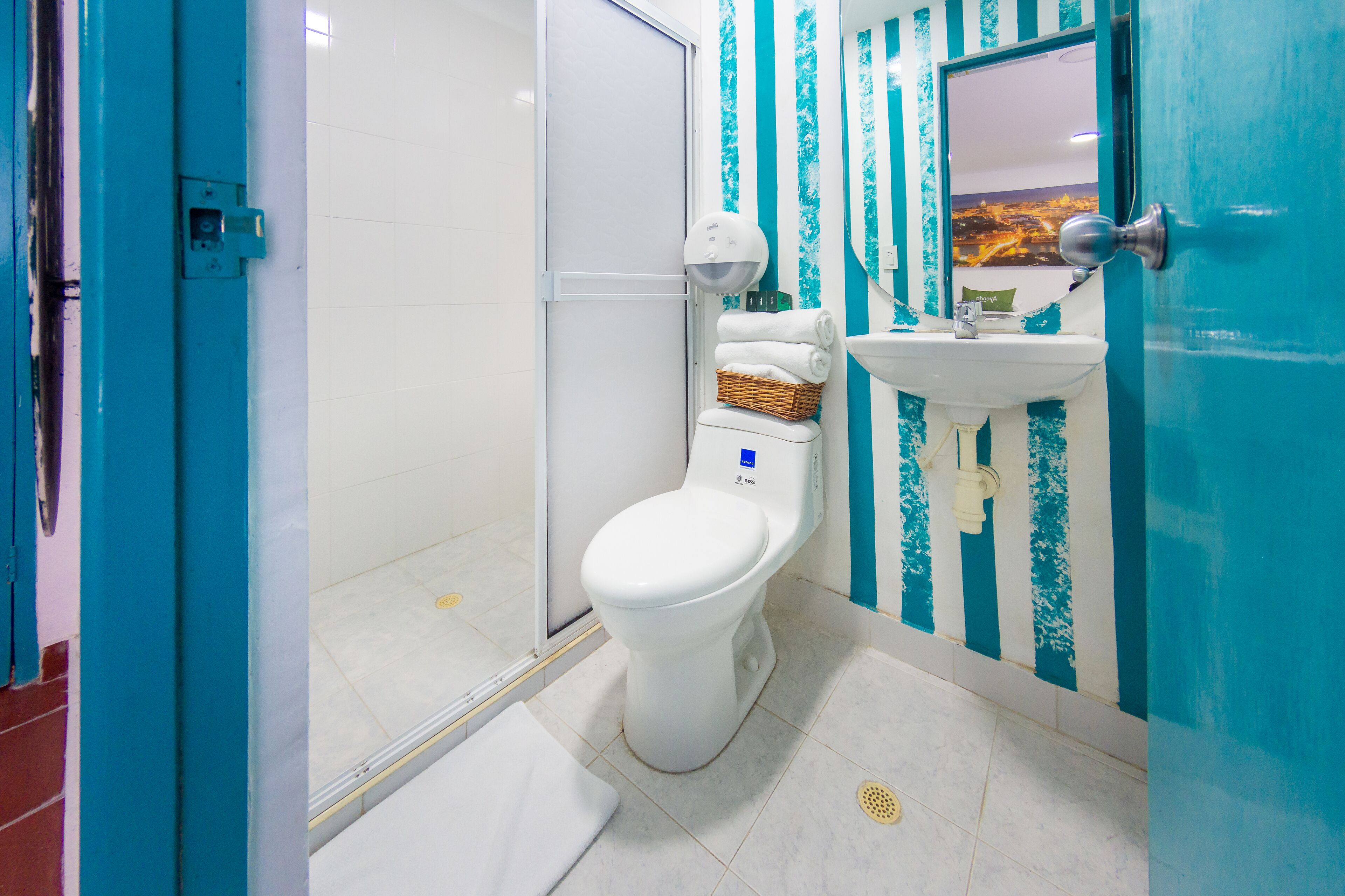 shower, towels, soap, toilet paper