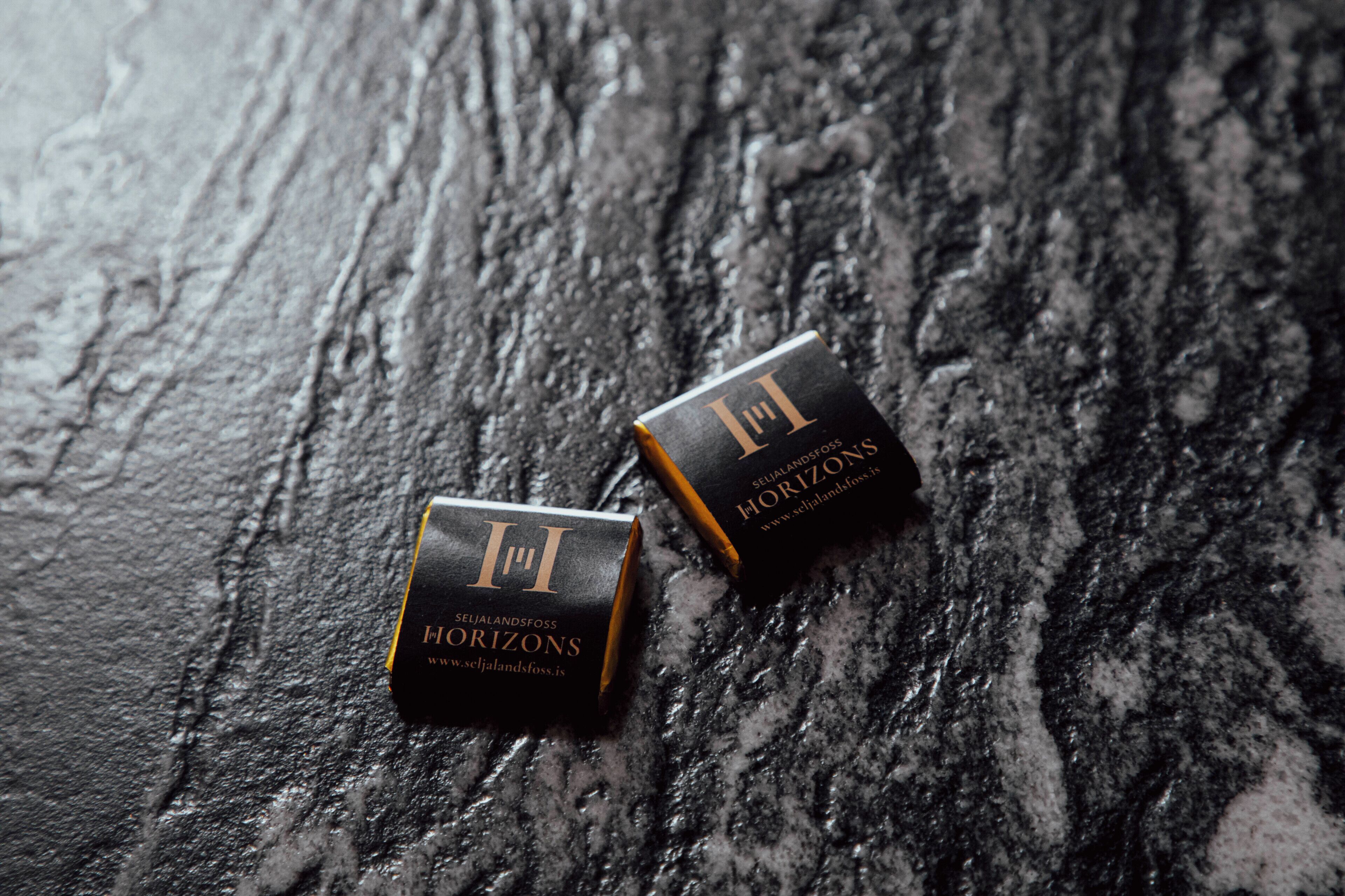 Two black and gold cufflinks with the text "SEJALANDFOSS HORIZONS" and a website address.