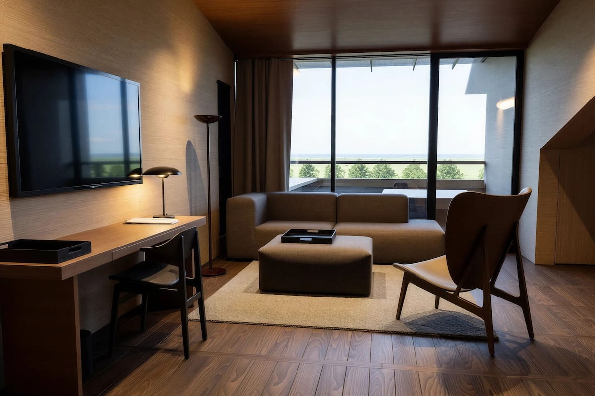 A modern hotel room with a flat-screen TV, a desk, a sofa, a chair, and a large window offering a view.