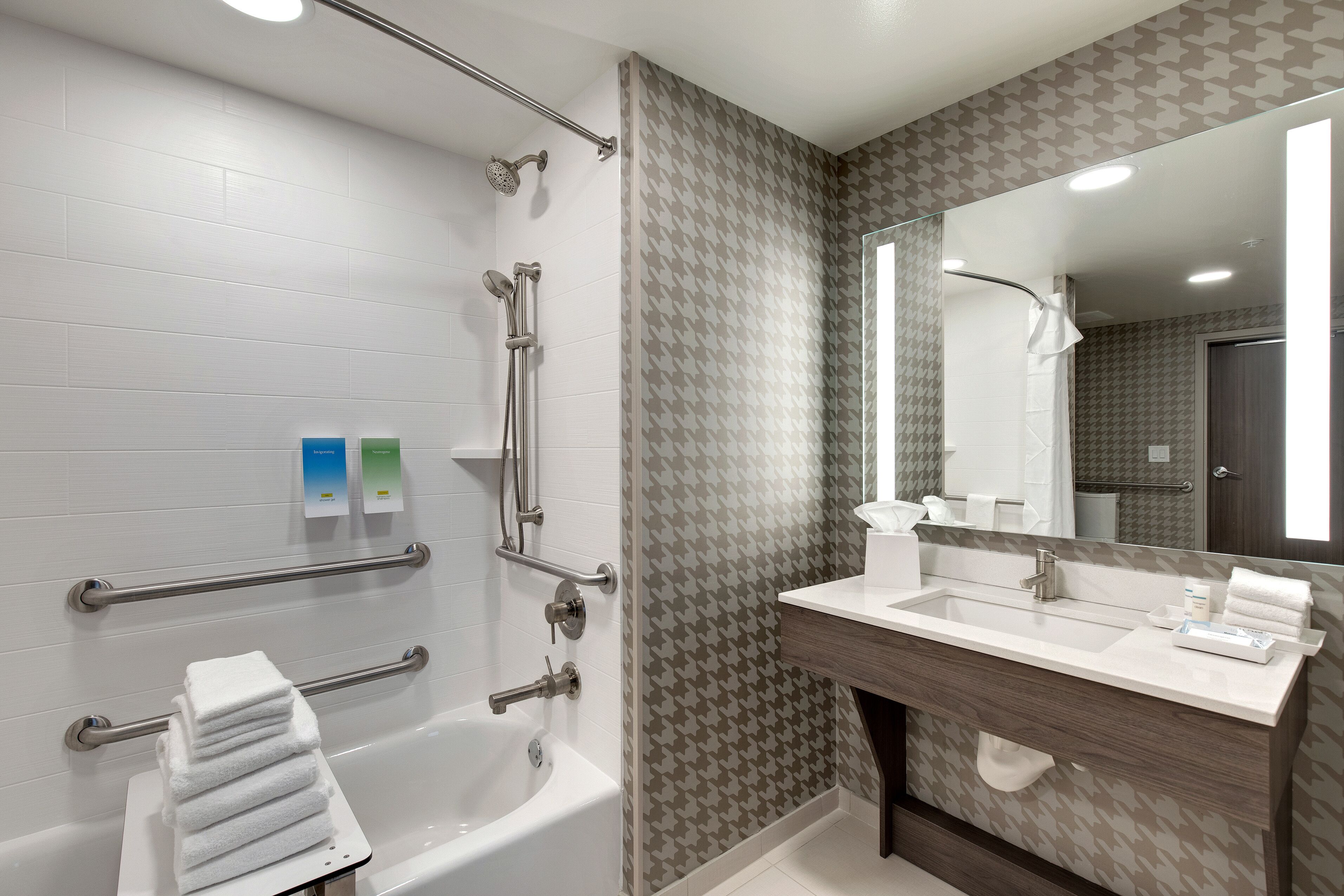 hair dryer, towels, soap, shampoo