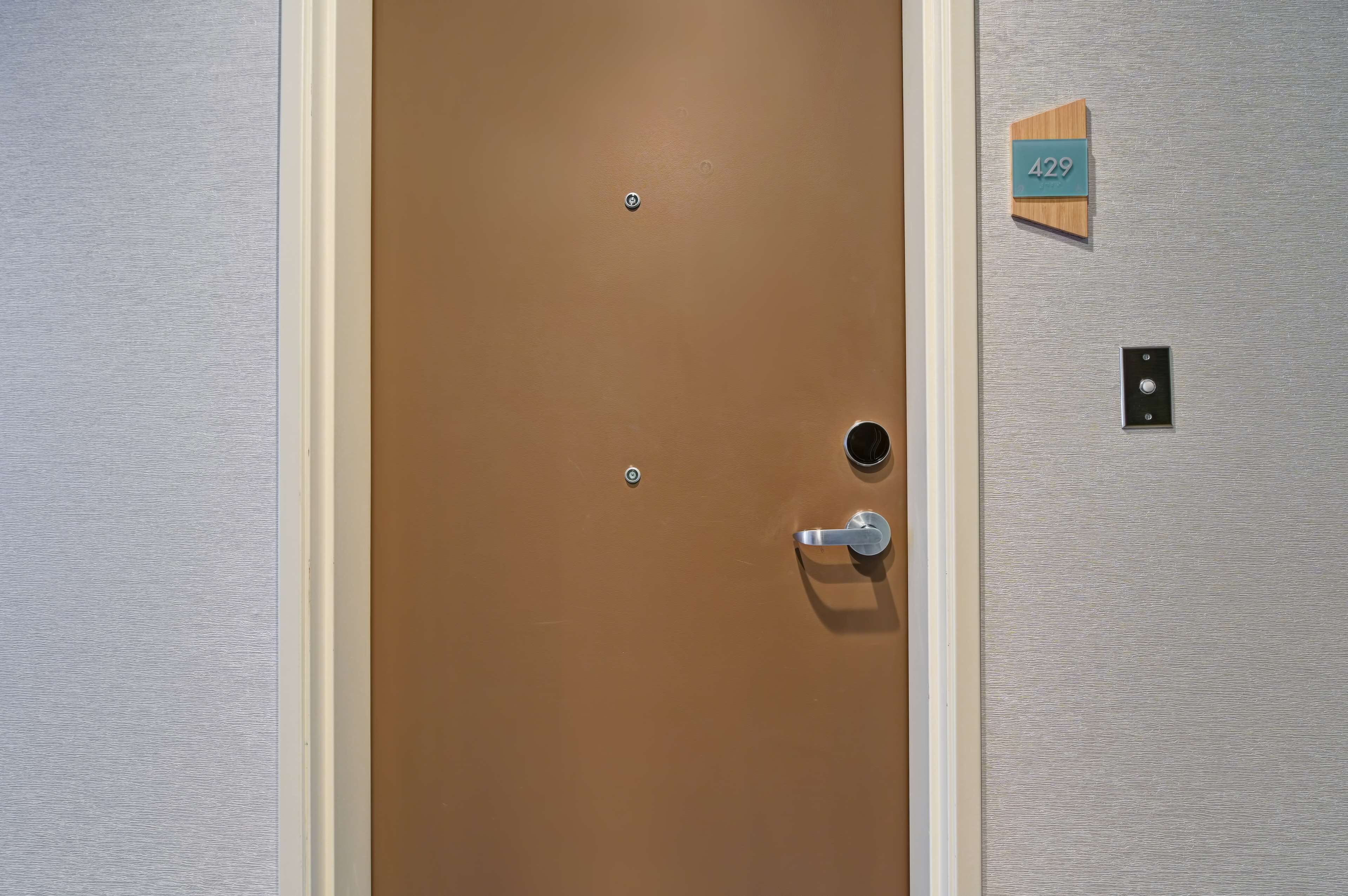 desk, laptop workspace, blackout curtains, iron/ironing board