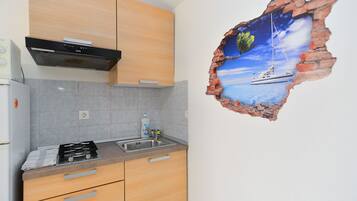Fridge, microwave, stovetop, cookware/dishes/utensils