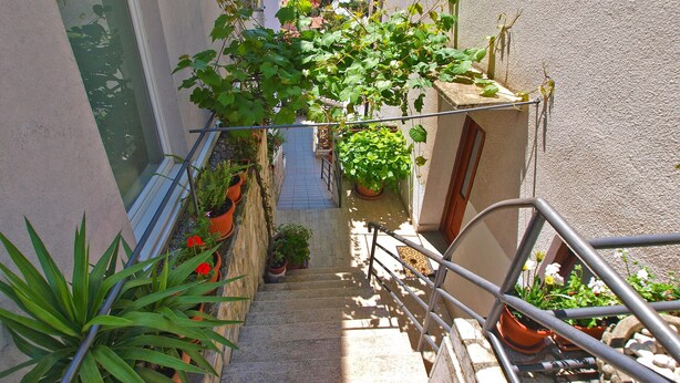 A narrow outdoor staircase with potted plants on either side, leading to a building with a view of the sea. - Apartment 155/330 (Istria - Rabac), 500m from the beach (Rabac)